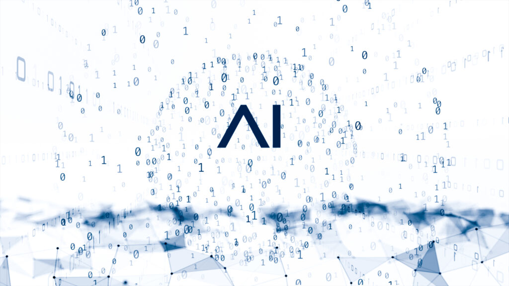 流れる文字や数字の粒子の中央に浮かぶ「AI」の文字