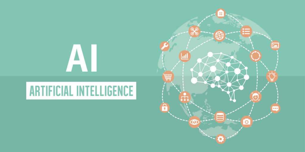 「AI ARTIFICIAL INTELLIGENCE」の文字と、脳を中心にアイコンがつながる図のイラスト