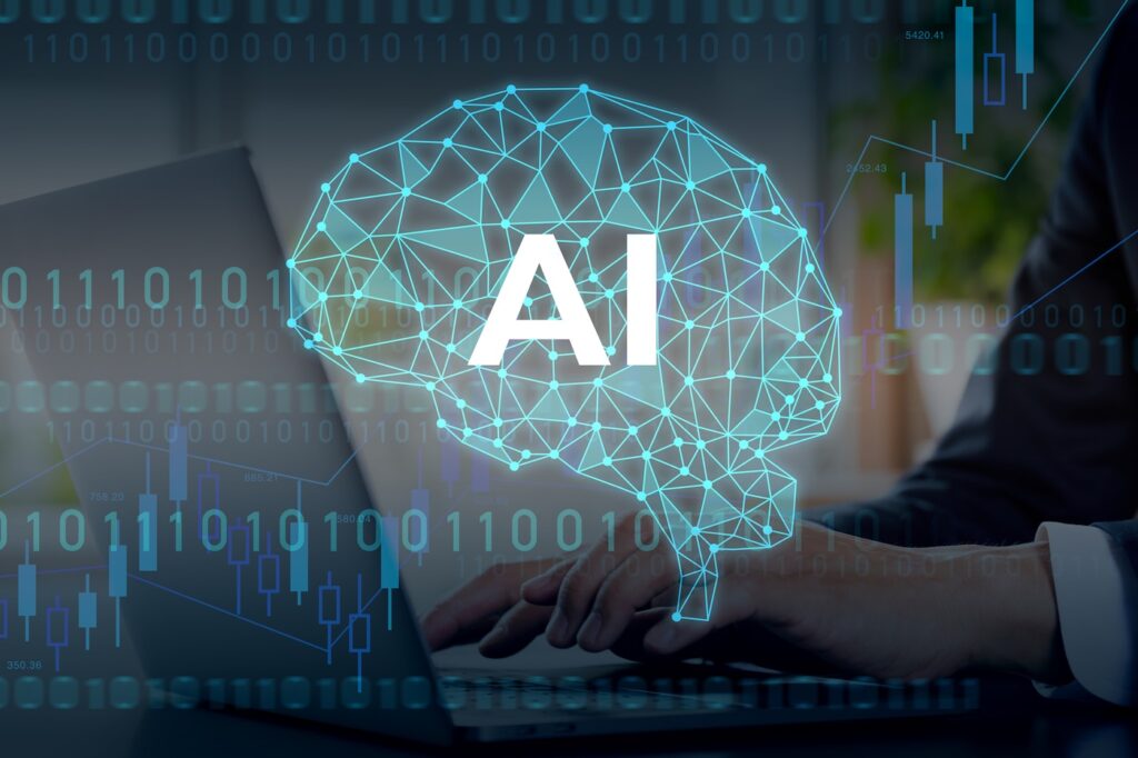 0と1の数字を背に、光る線で描かれた脳と「AI」の文字