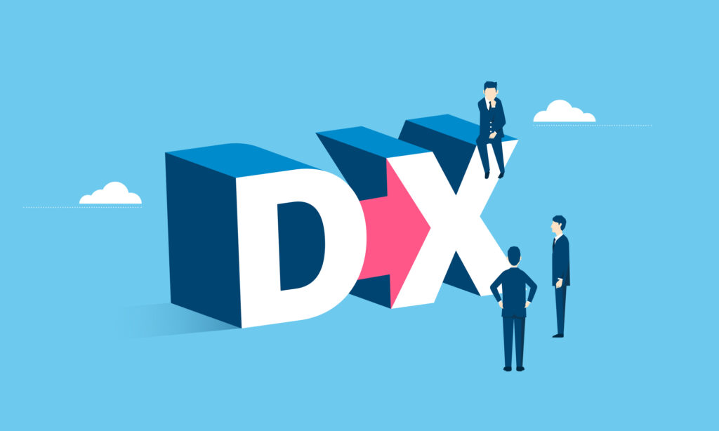 立体の「DX」の文字と、その上や脇に立つスーツ姿の人たちのイラスト