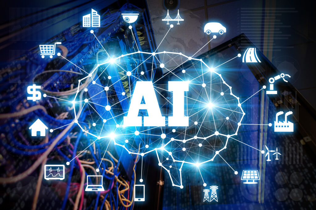 光る脳のネットワークと「AI」の文字、周りに並ぶお金や工場のアイコン