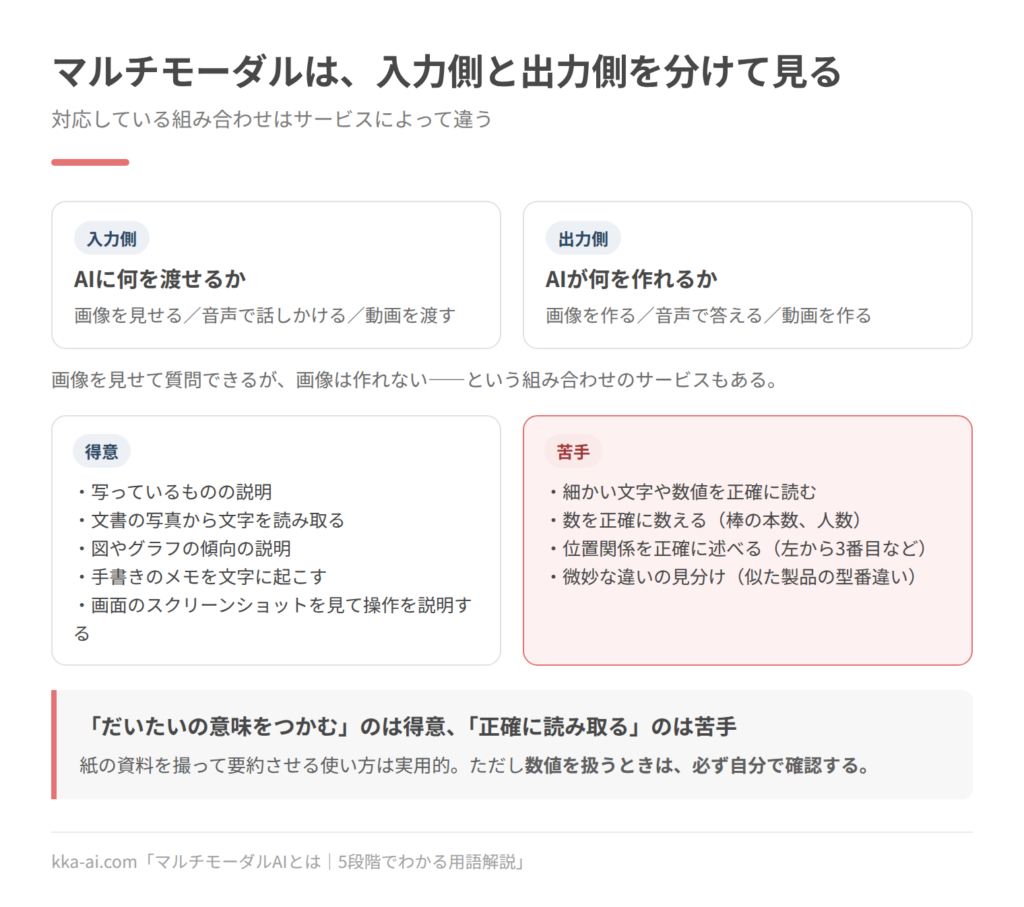 マルチモーダルAIを入力側と出力側に分けた図。入力側は画像を見せる、音声で話しかける、動画を渡すこと。出力側は画像を作る、音声で答える、動画を作ること。得意なのは写っているものの説明、文書の写真から文字を読み取る、図やグラフの傾向の説明など。苦手なのは細かい文字や数値を正確に読む、数を正確に数える、位置関係を正確に述べる、微妙な違いの見分け。