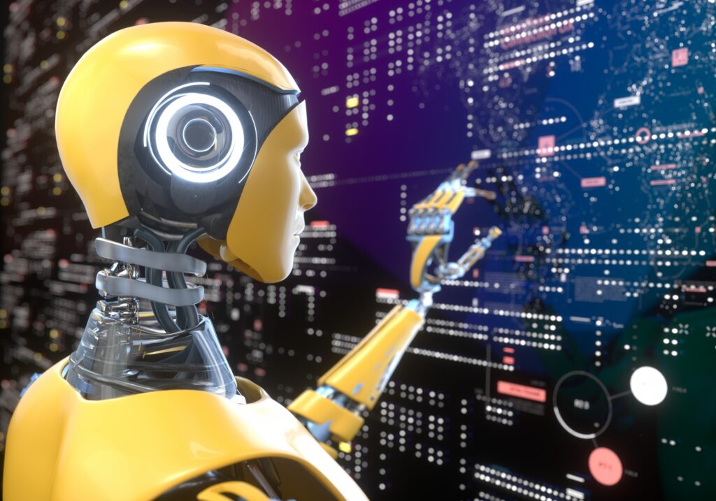 黄色い人型ロボットと、背景に流れる光の文字や数字