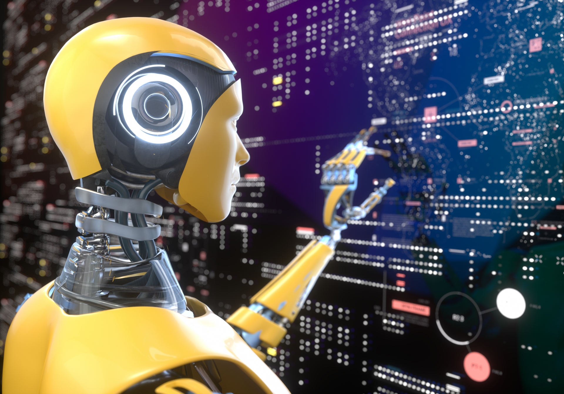黄色い人型ロボットと、背景に流れる光の文字や数字