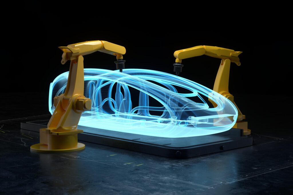 光る線で描かれた車体を組み立てる、2本の黄色いロボットアーム