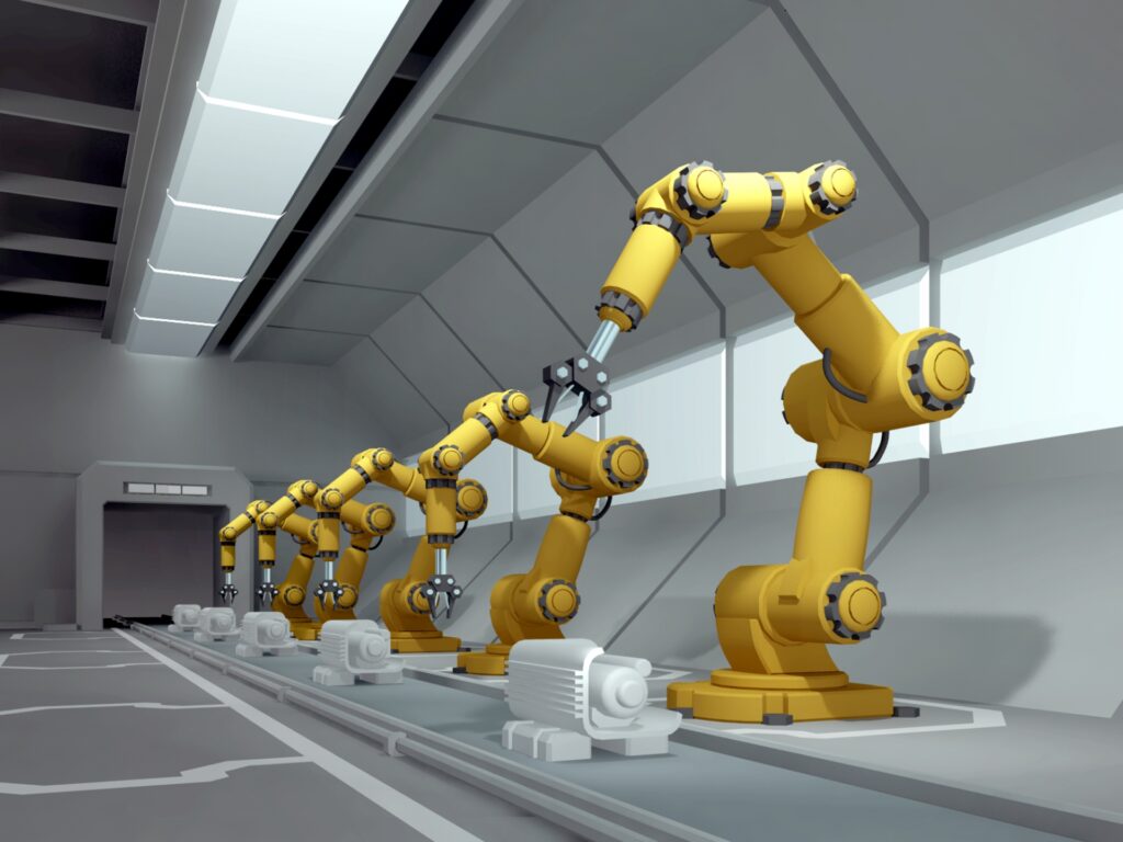 白い通路に一列に並ぶ、黄色い産業用ロボットアーム