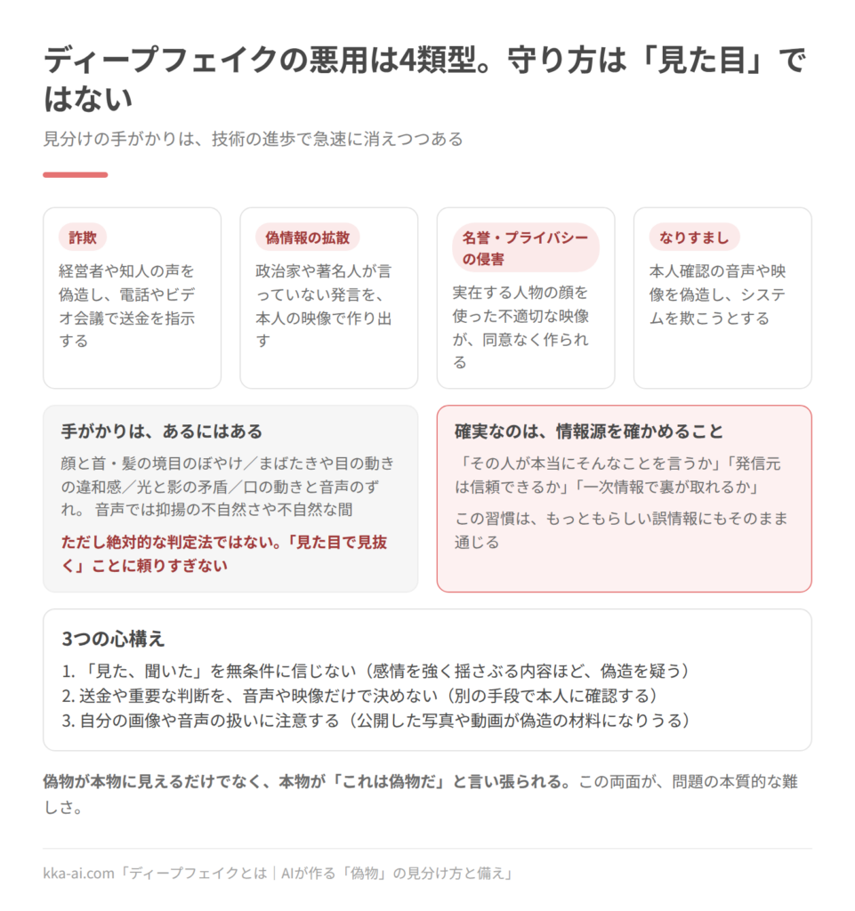 ディープフェイクの悪用4類型と守り方の図。詐欺は経営者や知人の声を偽造して送金を指示するもの。偽情報の拡散は政治家や著名人の言っていない発言を本人の映像で作るもの。名誉やプライバシーの侵害は実在の人物の顔を使った不適切な映像。なりすましは本人確認の音声や映像の偽造。見分けの手がかり(境目のぼやけ、まばたきの違和感、光と影の矛盾、口と音声のずれ)は絶対的な判定法ではなく、確実なのは情報源を確かめること。