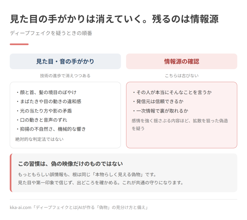 ディープフェイクを疑うときの2つの手がかりを対比した図。見た目と音の手がかりは、顔と首や髪の境目のぼやけ、まばたきや目の動きの違和感、光の当たり方や影の矛盾、口の動きと音声のずれ、抑揚の不自然さや機械的な響きなどで、技術の進歩で消えつつあり絶対的な判定法ではない。情報源の確認は、その人が本当にそんなことを言うか、発信元は信頼できるか、一次情報で裏が取れるかで、こちらは古びない。感情を強く揺さぶる内容ほど、拡散を狙った偽造を疑う。