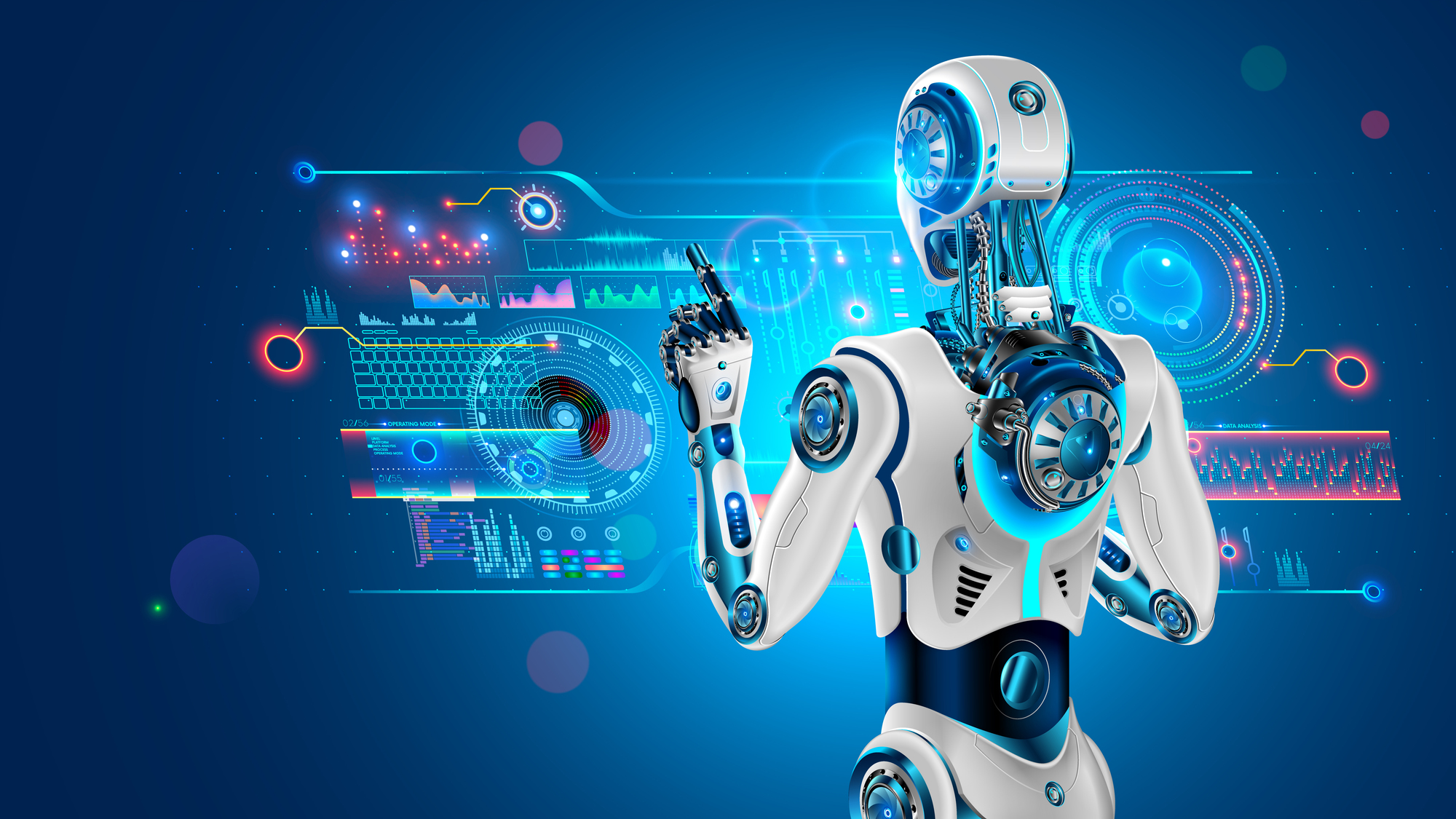 青く光る画面の前で指を立てる、白い人型ロボットのCG