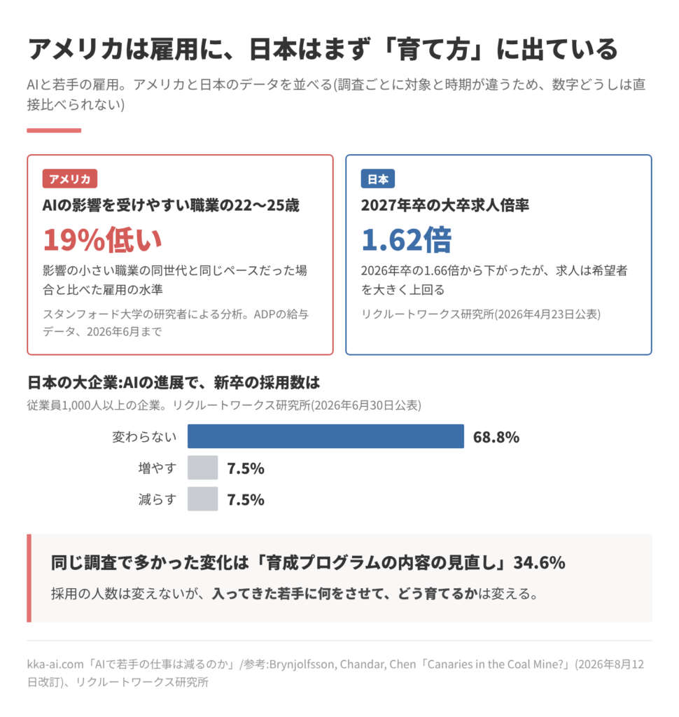 AIと若手の雇用をアメリカと日本で比べた図。アメリカでは、AIの影響を受けやすい職業の22〜25歳の雇用が、影響の小さい職業の同世代と比べて19%低い。日本の2027年卒の大卒求人倍率は1.62倍。従業員1,000人以上の企業では、AIの進展で新卒の採用数を変えないが68.8%、増やすと減らすがそれぞれ7.5%で、育成プログラムの内容を見直すが34.6%だった。