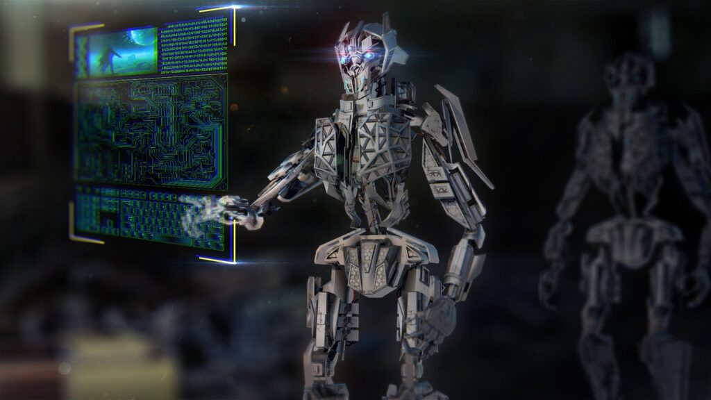 空中に浮かぶ画面に手を伸ばす、金属の人型ロボットのCG